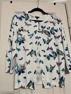 Talbots Butterfly Print Cardigan - White with Blue & Purple Butterflies